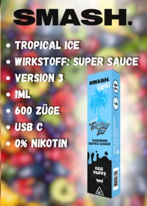 SMASH Premium Super Sauce Vape Tropical Ice 1 ml – Wirkstoff Super Sauce, 600 Züge, 0 % Nikotin