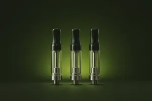 Drei leere 510-Cartridges aus Glas mit schwarzem Mundstück auf dunklem Grund