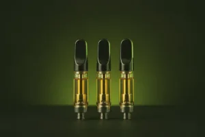 Drei THCa-Cartridges, gefüllt mit goldenem Destillat, auf dunklem Grund
